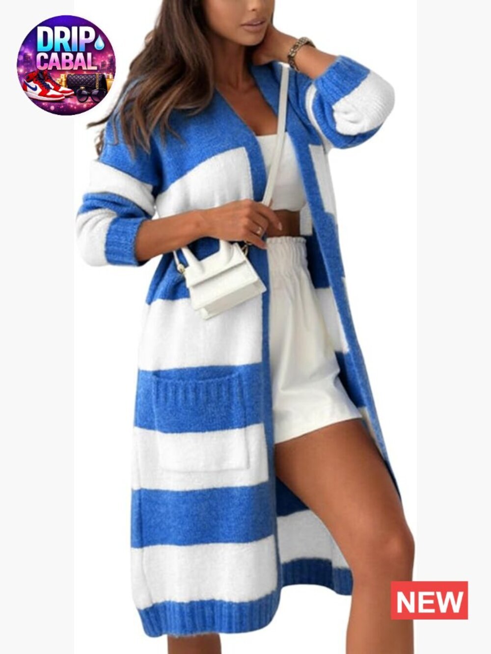 Striped Knit Cardigan Open Front Mid Long Sweater Jacket Lightweight V-Neck
